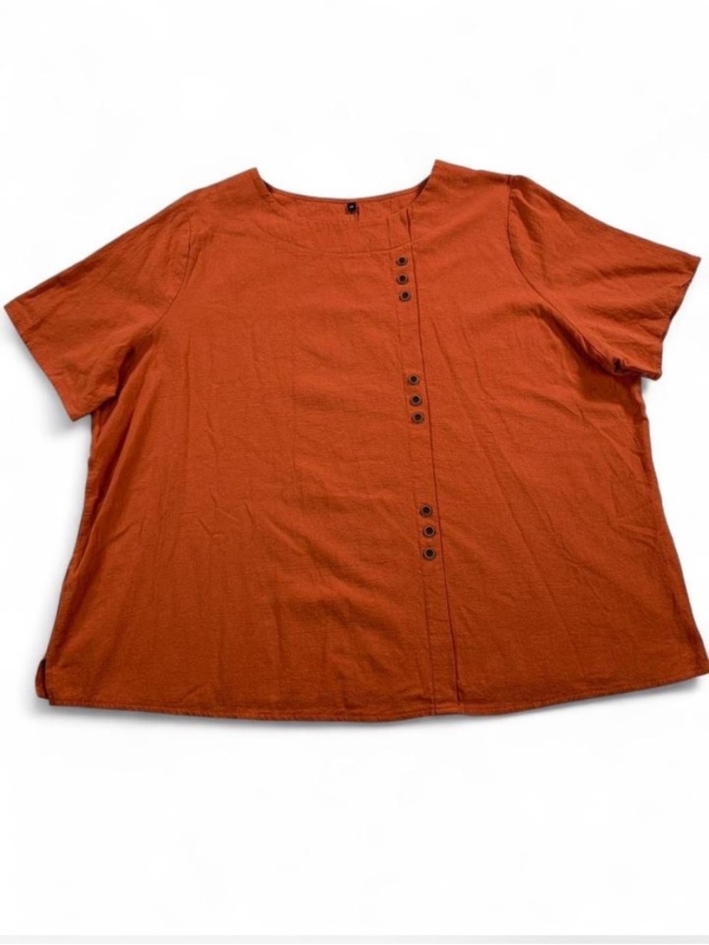 Women's 100% Cotton Rust Orange Button-Accent Relaxed Short Sleeve Top 2X
